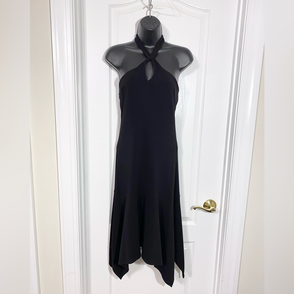 Y2K VTG BCBGMaxAzria Keyhole Halter Asymmetrical Stretch Knit Dress Black Medium